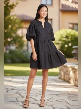 SUNDRY for Evereve The Anywhere Dress 3 Tiered Puff Sleeve Black Cottagecore.